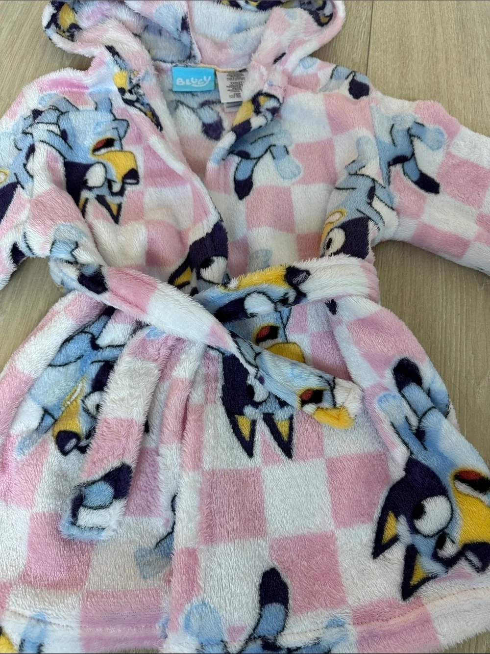 BLUET Pink, White and Blue Hooded Plush Robe with Pattern